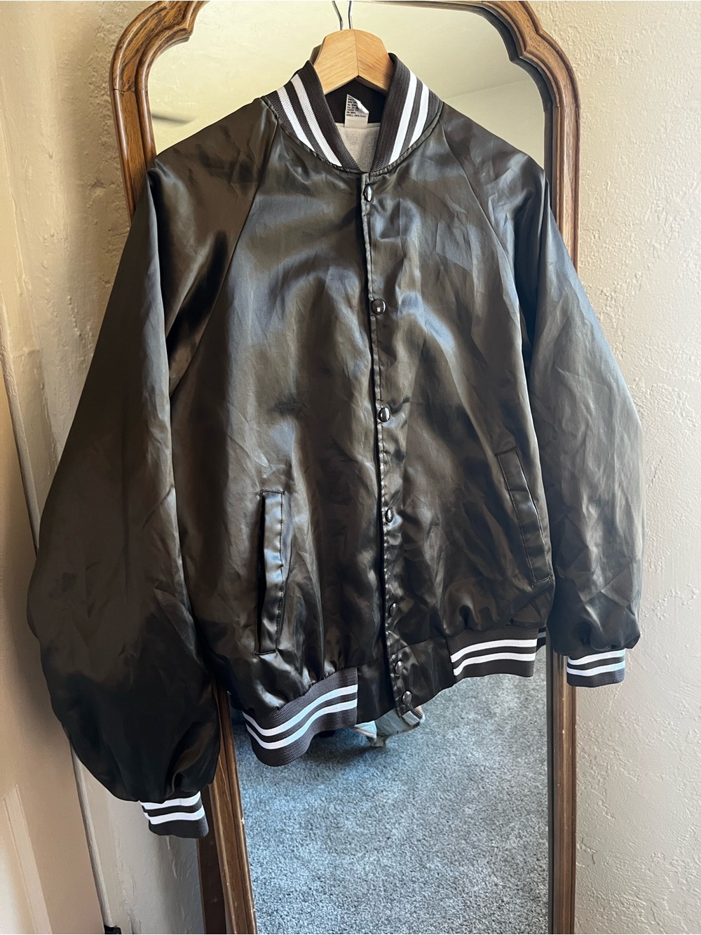 Vintage Brown Satin Bomber Jacket with Striped Rib - Unbranded